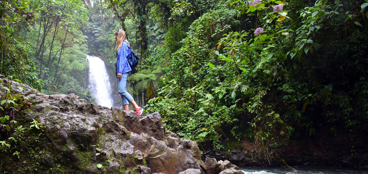 Student hiking in a dense rain forest with waterfall in the background in Costa Rica.