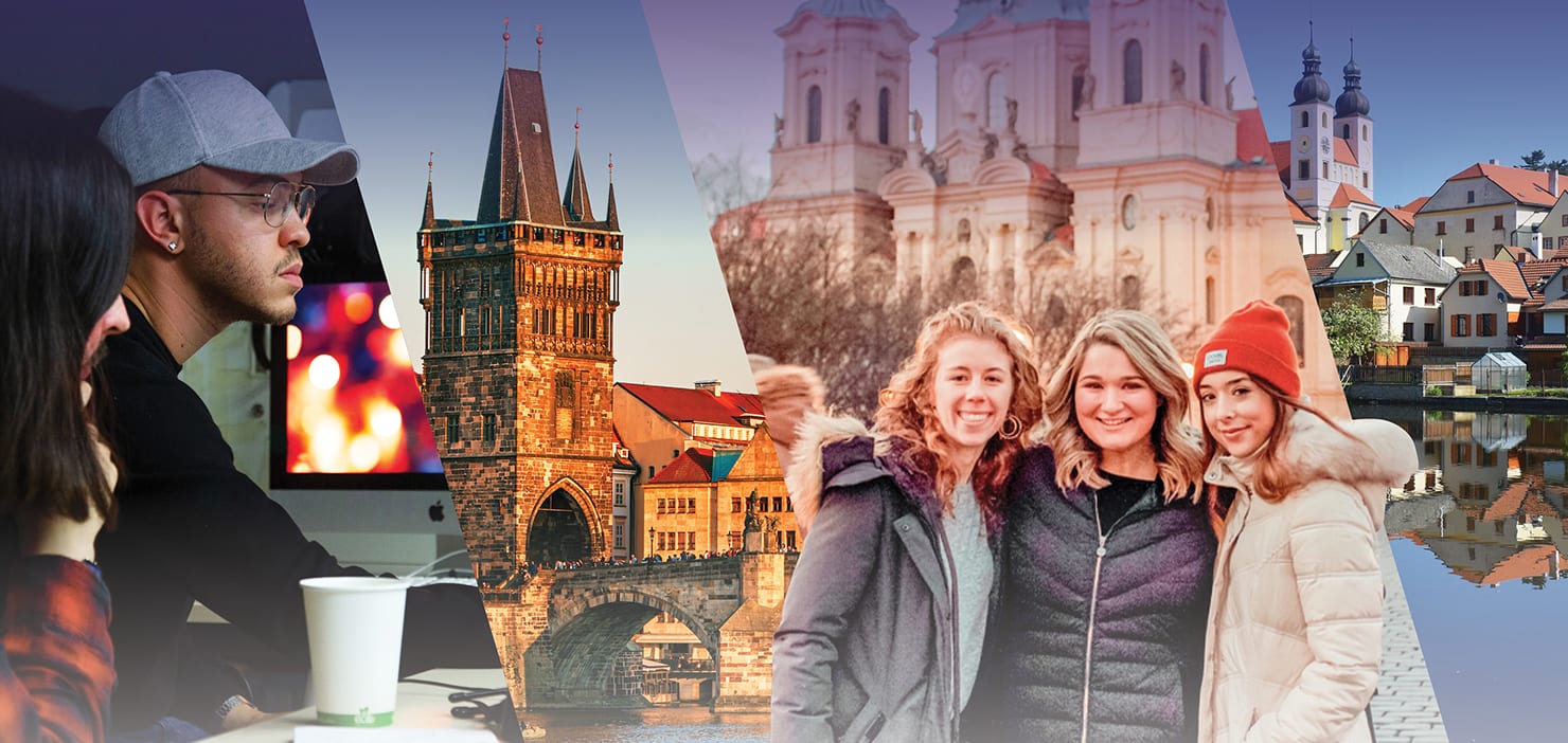 Collage of images depicting students in class and sightseeing around Prague.