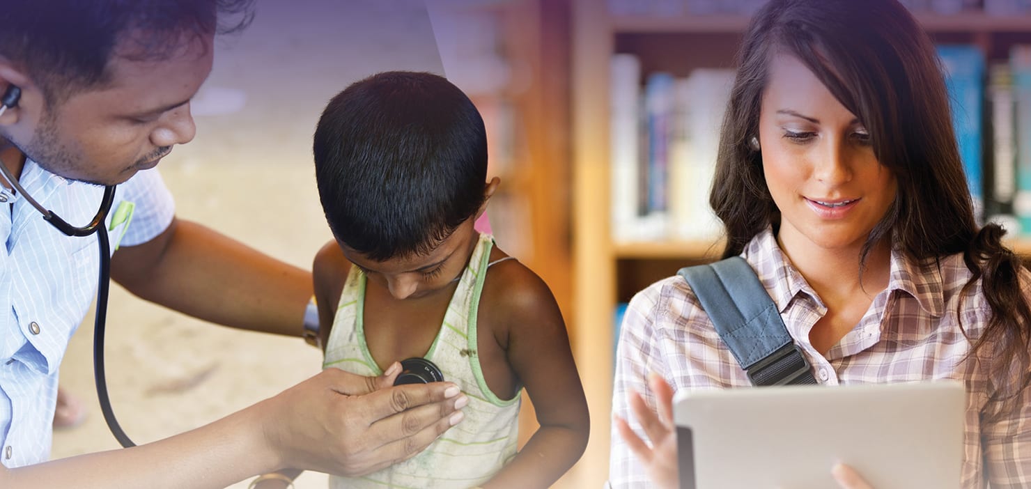 Collage of a doctor examining a young boy and a student examining information on her tablet.