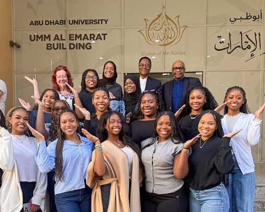Group picture in front of building at Abu Dhabi University building.